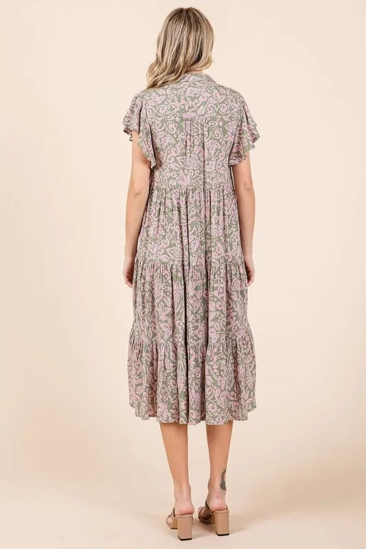 Mittoshop Abstract Print Ruffle Tier Midi Dress in Sage