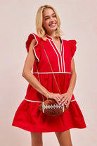BiBi Red Game Day Theme Contrast Binding Ruffled Dress