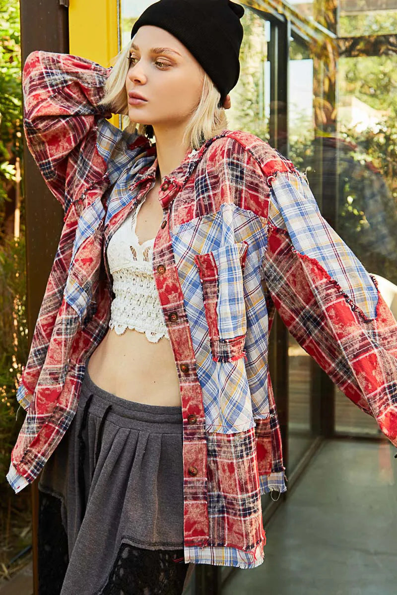 POL Ted Multi Plaid Patchwork Long Sleeve Button Down Shirt with Raw Edge Detail