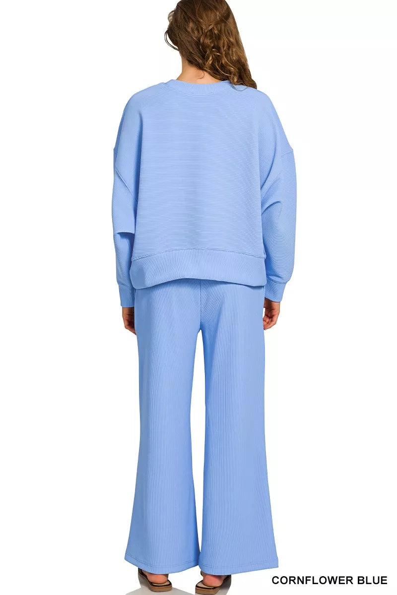 Zenana Cornflower Blue Ribbed Round Neck Pullover and Drawstring Pants Set