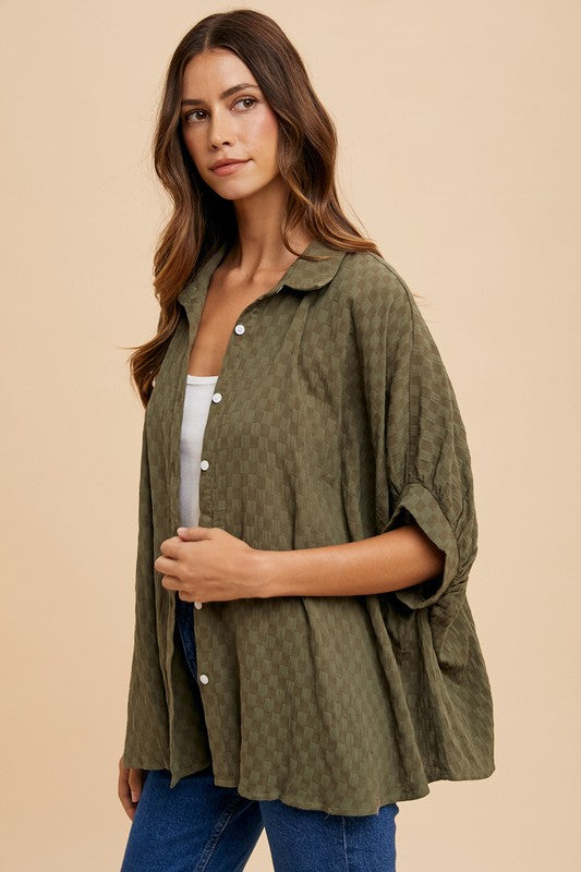 Annie Wear Olive Checkered Button Up Half Sleeve Shirt