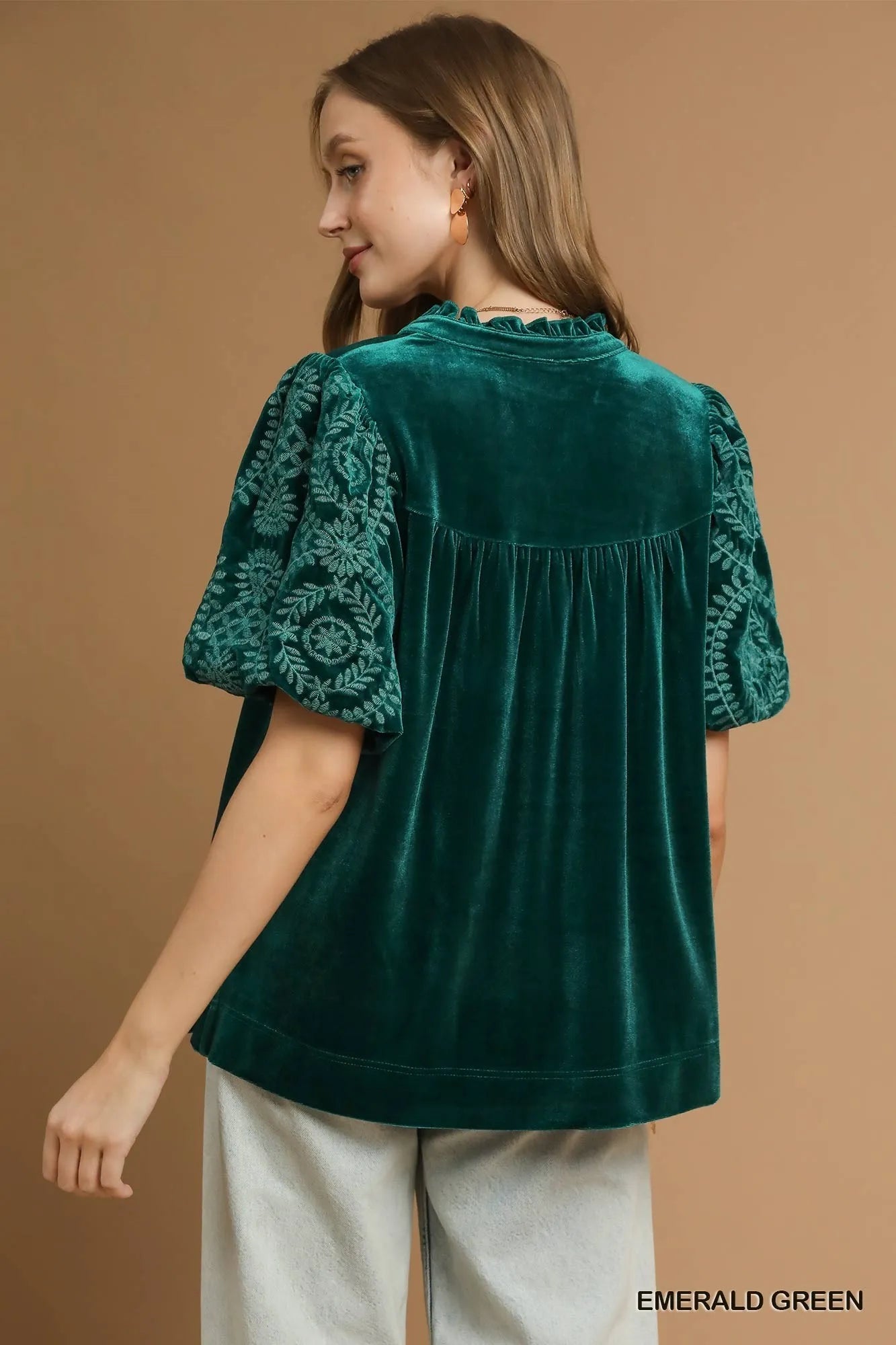 Umgee Emerald Green Velvet Embroidered Sleeve Blouse