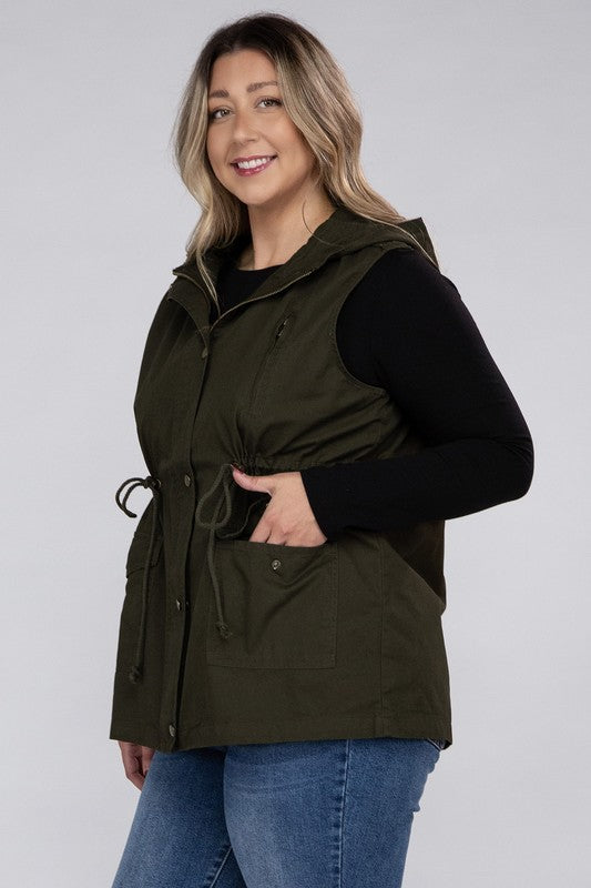 Zenana Plus Drawstring Waist Military Hoodie Vest ZENANA