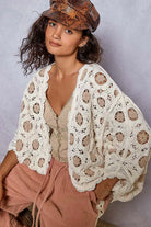 POL Openwork V-Neck Chenille Cardigan with Contrast Floral