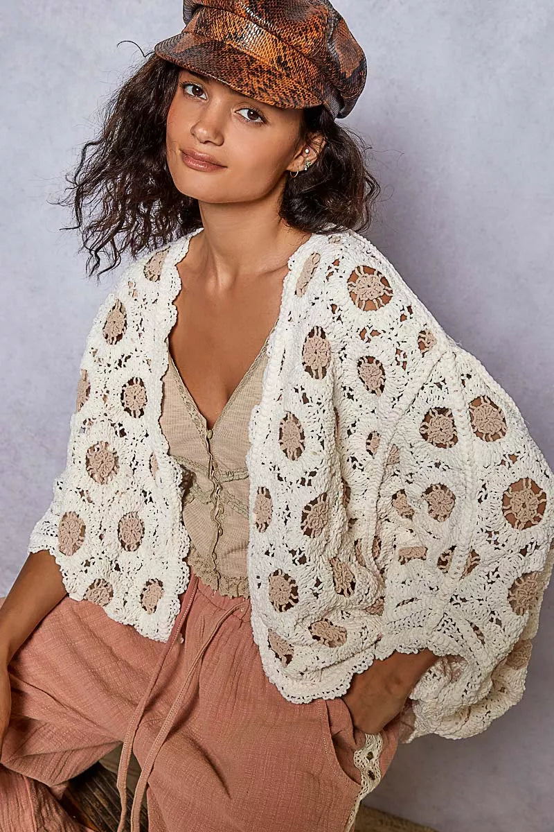 POL Openwork V-Neck Chenille Cardigan with Contrast Floral