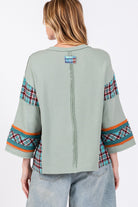 SAGE + FIG Peace Applique Patch Contrast Plaid Top in Autumn Sage Trendsi