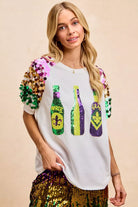 BiBi Sequin Mardi Gras Bottles Spangled Sleeve Top