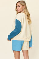 Double Take: 6 Colors: Quilted Textured Color Block Contrast Long Sleeve Drop Shoulder Top and Shorts Set Loungewear