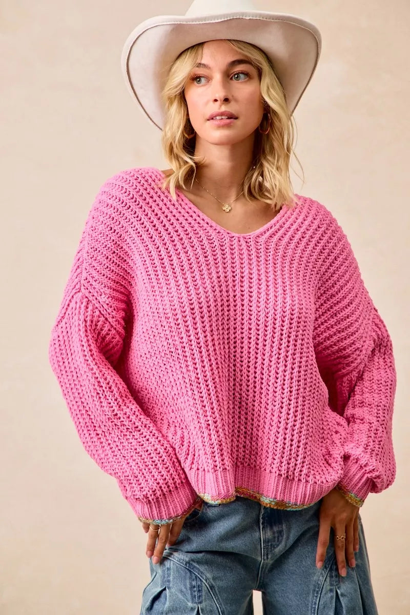 BiB Pink V-Neck Sweater with Colorful Trim PINK