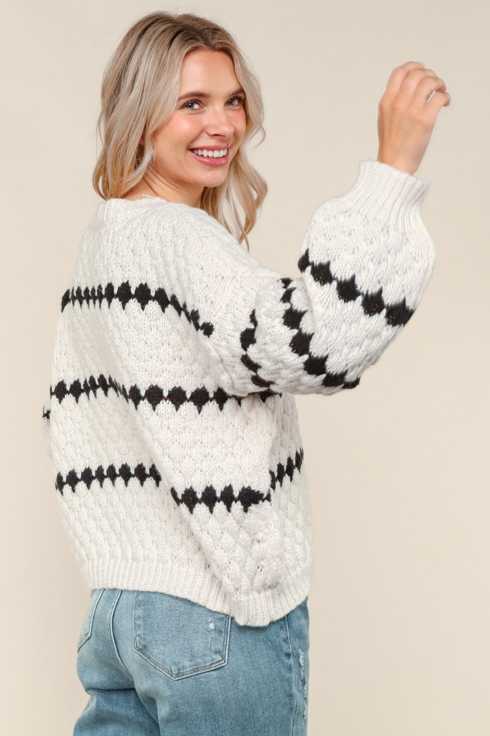 Haptics Ivory & Black Textured Stripe Comfy Pullover Sweater
