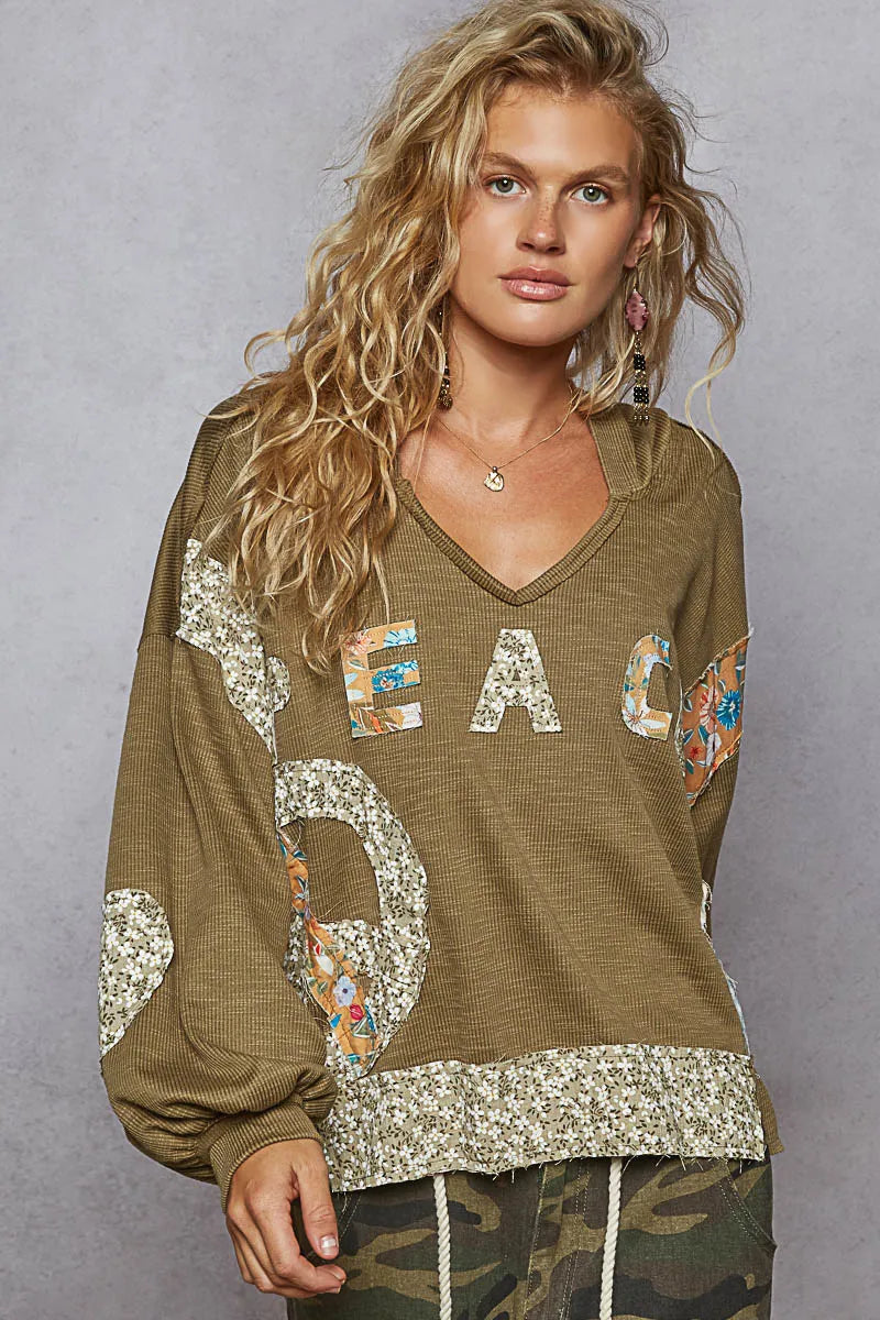 POL Olive Peace Contrast Patch Floral Long Sleeve Hoodie