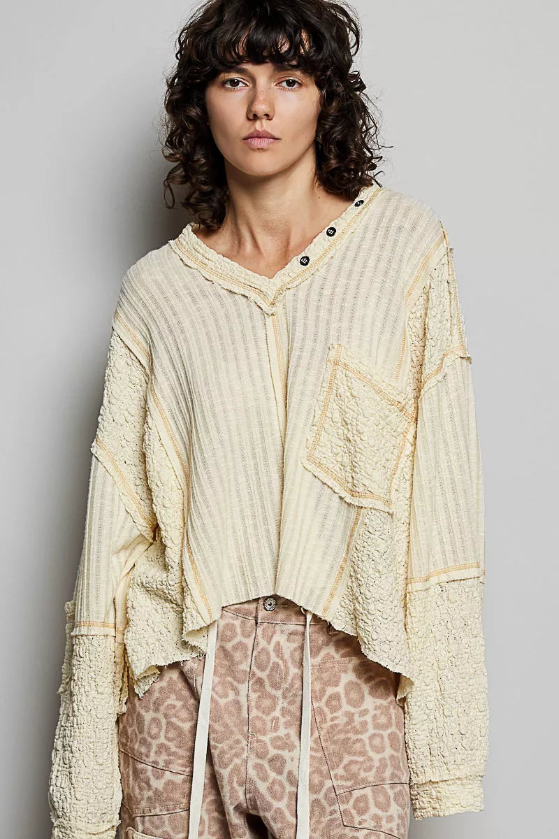 POL Natural V-Neck Long Sleeve Top with Stitch Detail