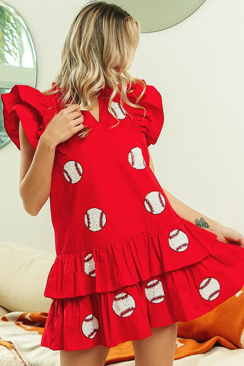 BiBi Ref Sequins Baseball Patch Day Ruffle Sleeve Dress