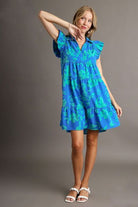 Umgee Blue Floral Print Ruffle Cap Sleeve Tiered Dress