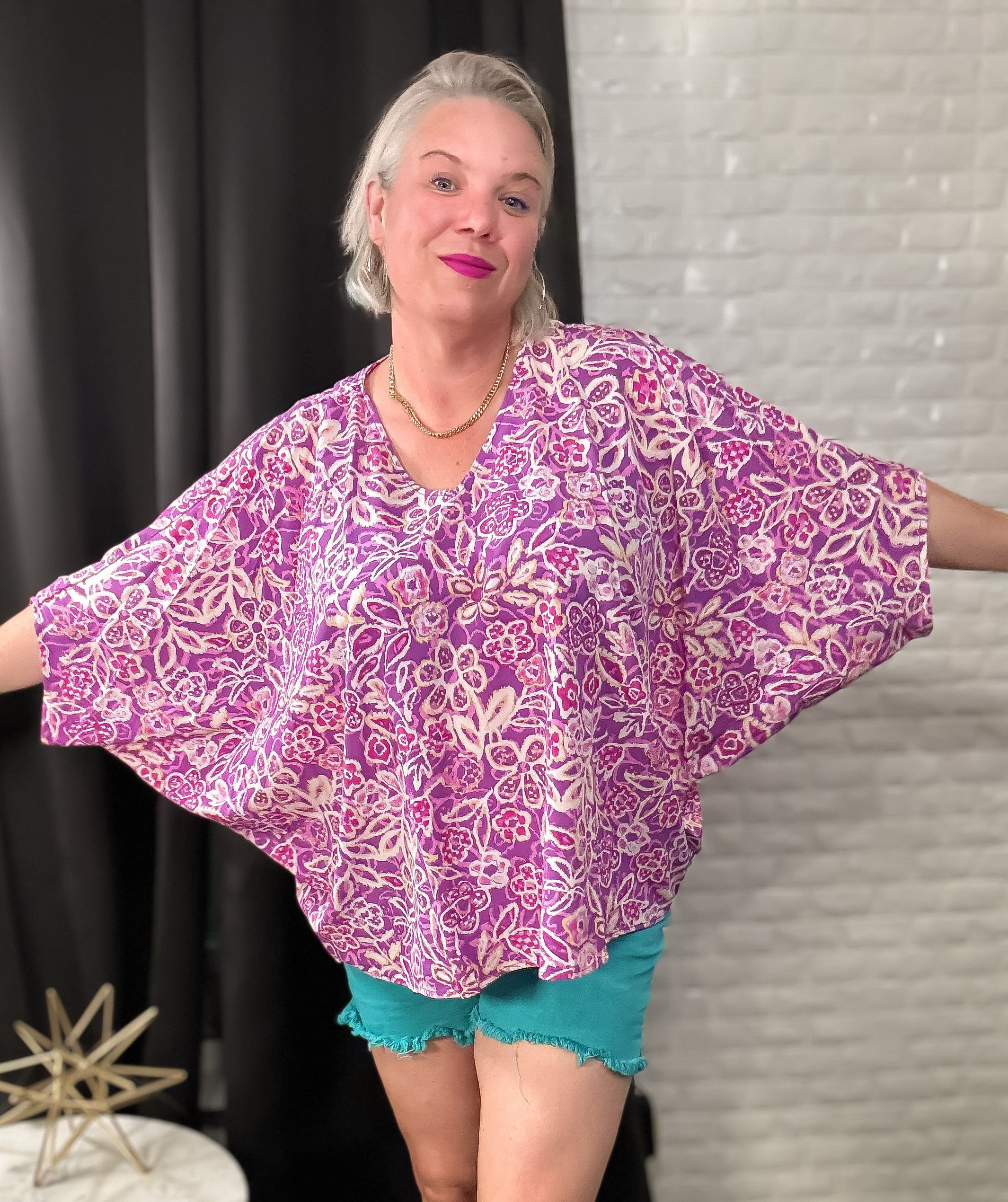 Emily Wonder Floral Printed Poncho Woven Top in Orchid Ave Shops