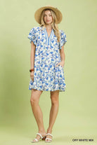Umgee Off White Mix Floral Flutter Sleeve Tiered Dress