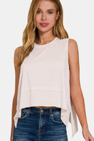 Zenana Ivory Slit High-Low Round Neck Tank Trendsi