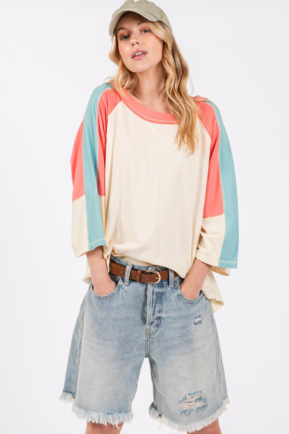 SAGE + FIG Magnolia Color Block Curved Hem T-Shirt Trendsi