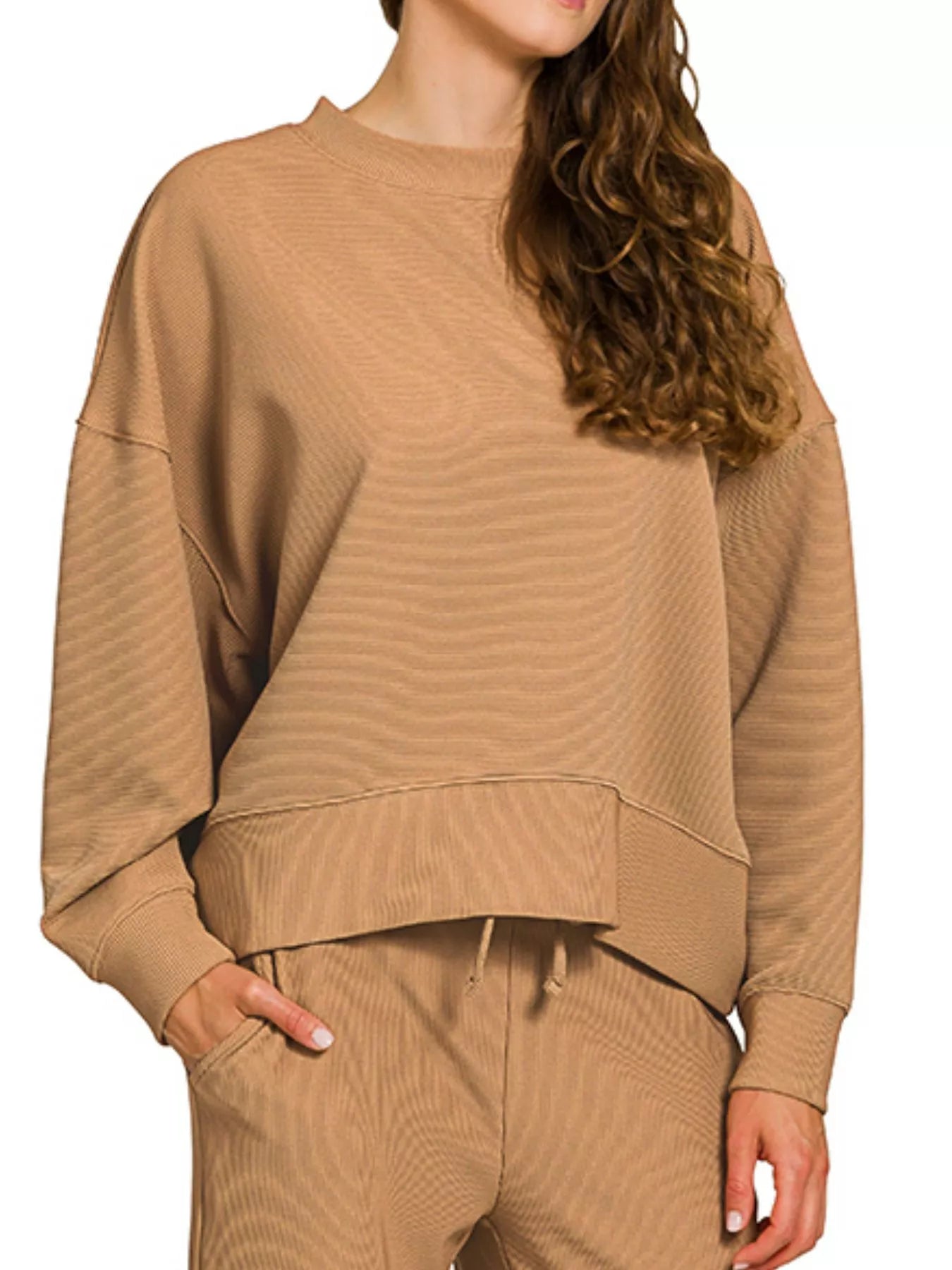Zenana Deep Camel Ribbed Round Neck Pullover and Drawstring Pants Set