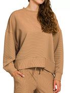 Zenana Deep Camel Ribbed Round Neck Pullover and Drawstring Pants Set
