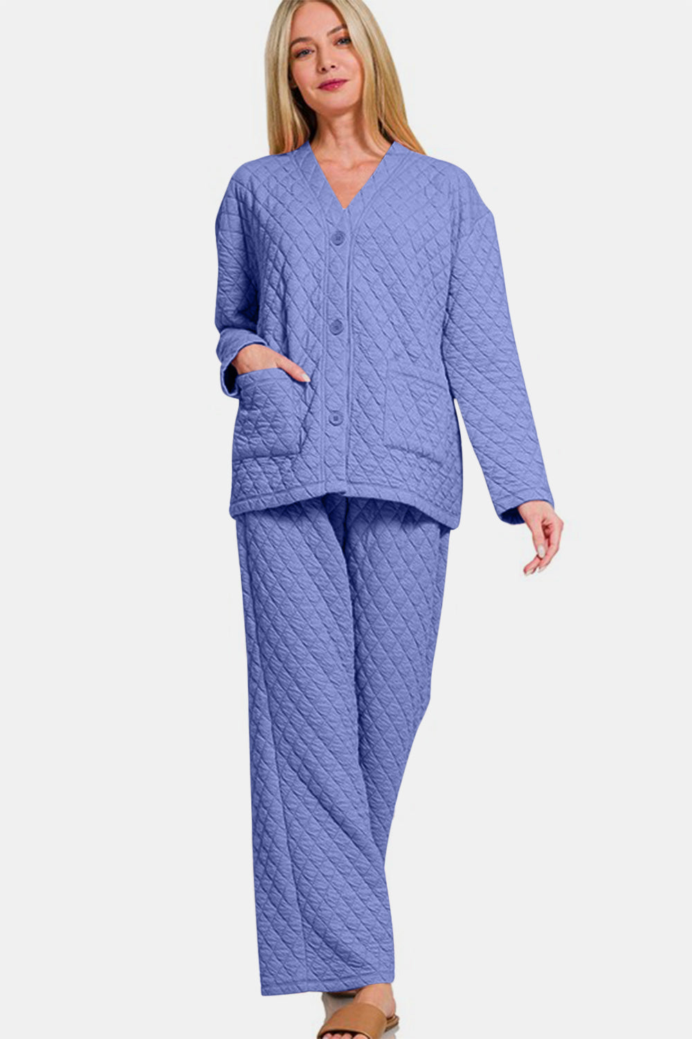 Zenana Blue Purple Quilted Button Up Long Sleeve Top and Pants Lounge Set Loungewear Set