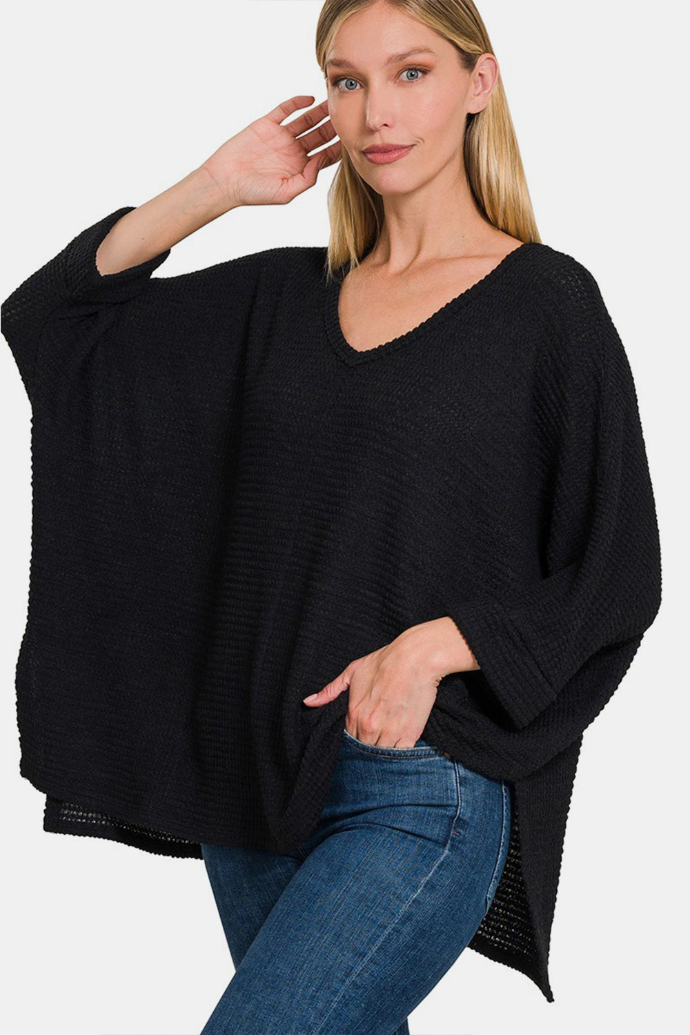 Zenana Black Waffle Knit V-Neck Long Sleeve Slit Top Black