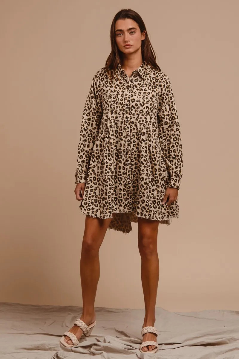 BiBi Oatmeal Washed Denim Button Down Dress with Side Pocket