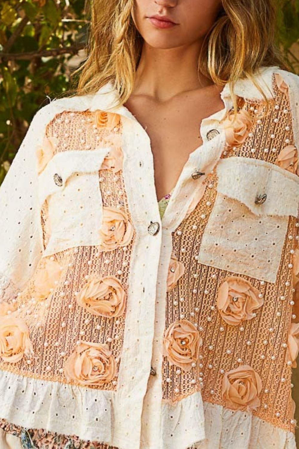 POL Eyelet Flower Pearl Detail Lace Patchwork Shirt in Apricot and Cream Shirts