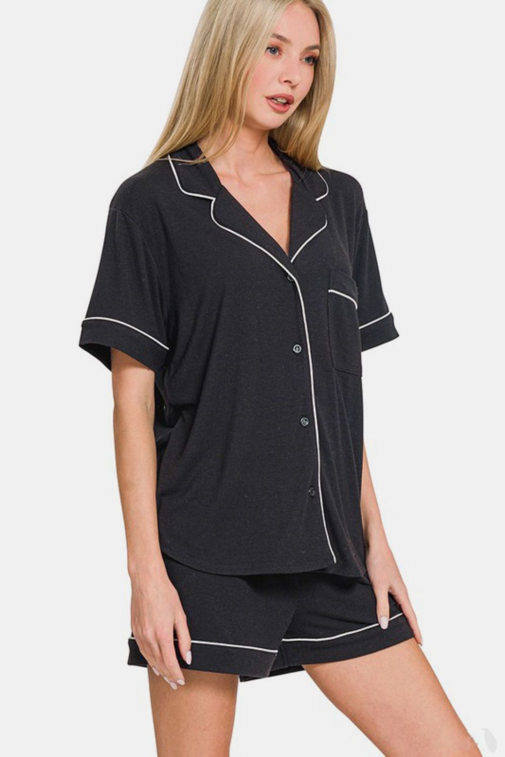 Zenana Black Button Down Short Sleeve Top and Shorts Lounge Set Loungewear