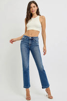 RISEN Dark Washed Tummy Control Elastic Band Mid Rise Straight Jeans