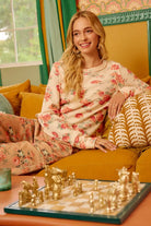 BiBi Oatmeal Floral Print Washed Waffle Thermal Top With Thumb