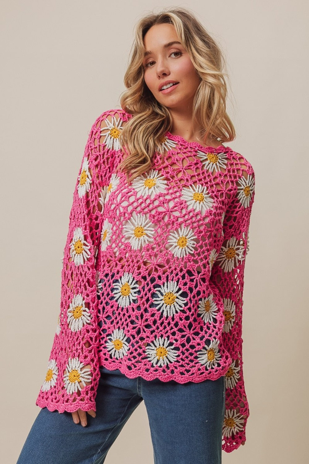 BiBi Fuchsia Floral Crochet Net Lace Cover Up Trendsi