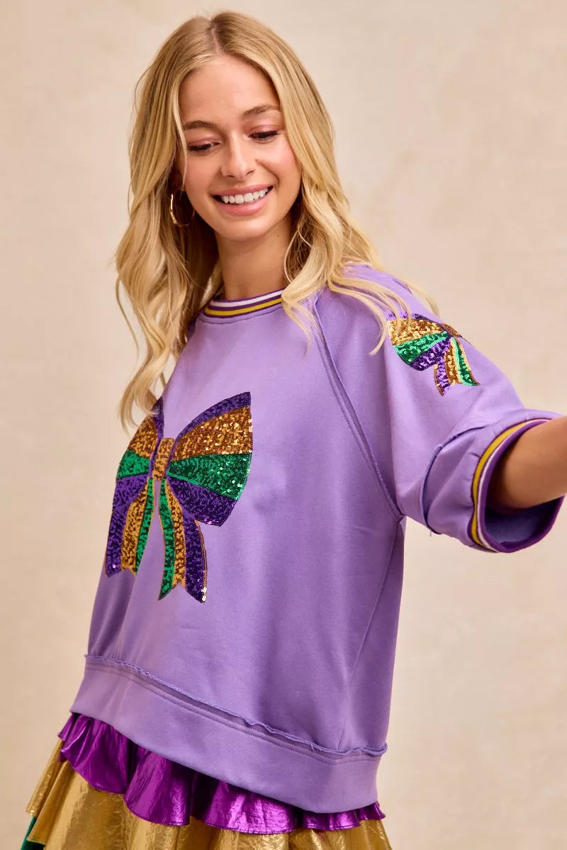 BiBi Lavender Mardi Gras Theme Ribbon Sequin Patched Top
