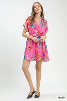 Umgee Peony Punk Floral Print Mini Dress with Belt