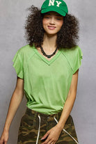 POL Lime V-Neck Short Sleeve T-Shirt with Ruffle Sleeve