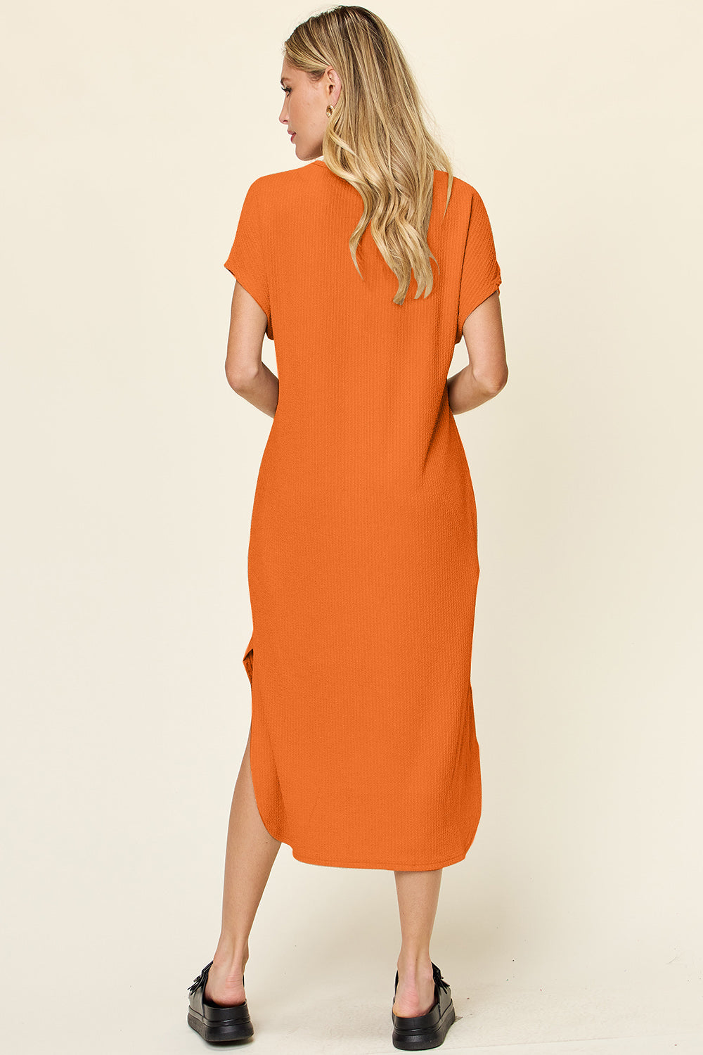 Double Take Ribbed Textured Round Neck Short Sleeve Slit Dress Trendsi