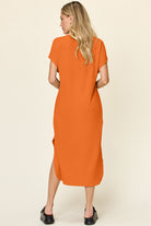 Double Take Ribbed Textured Round Neck Short Sleeve Slit Dress Trendsi