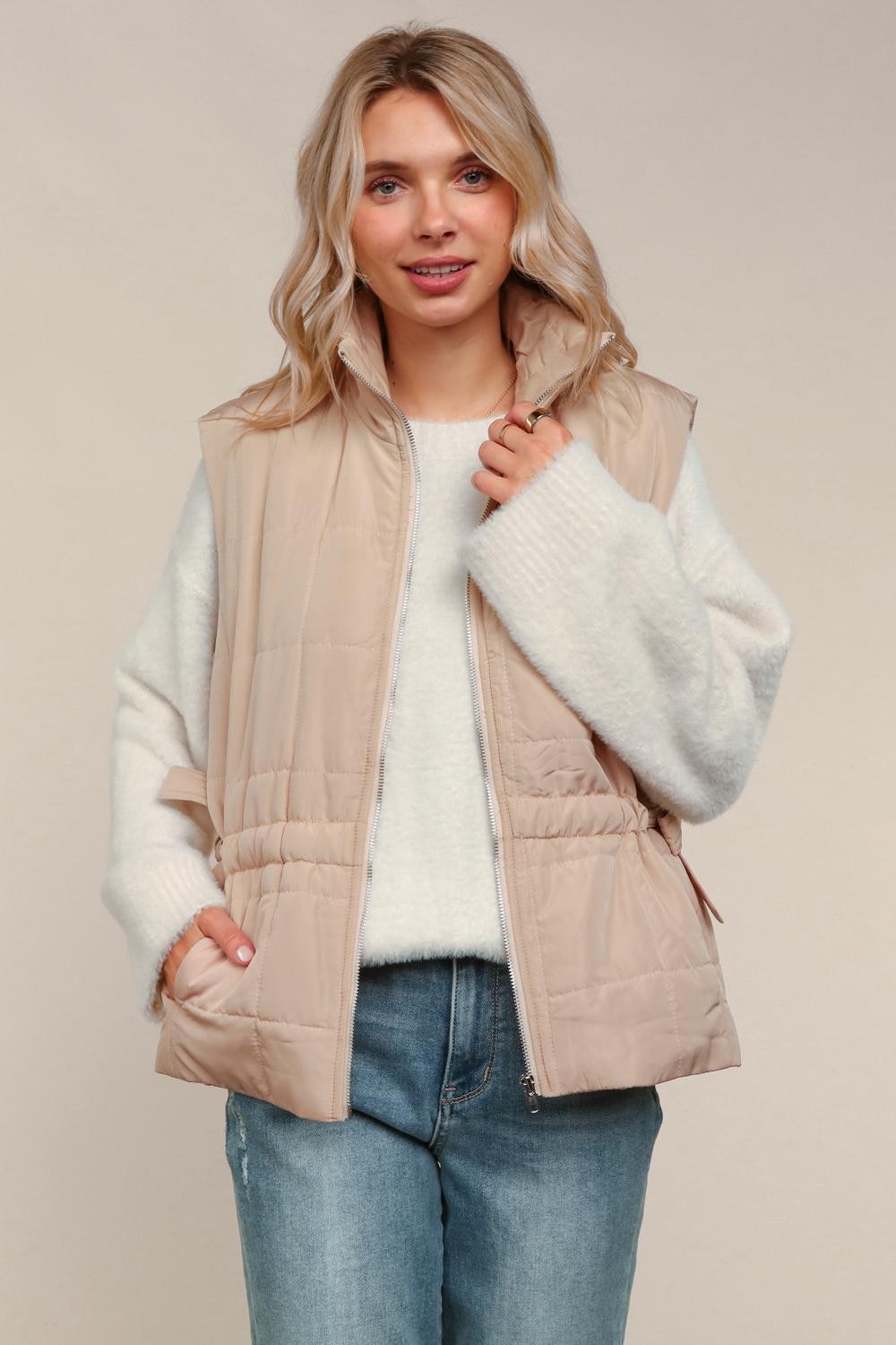 Haptics High Nevk Quilted Zip Up Tan Puffer Vest