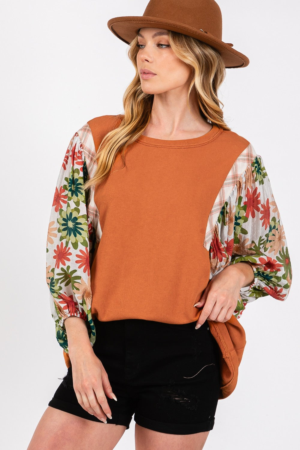 SAGE + FIG Caramel Printed Balloon Sleeve Contrast Top Trendsi