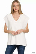 Zenana Ivory Ribbed Slit V-Neck Sweater Vest