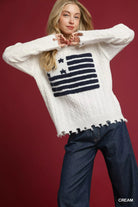 Umgee Cream Distressed American Flag Sweater Cream