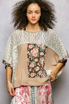 POL Dried Taupe Floral Patchwork Lace Accent Blouse DRIED TAUPE
