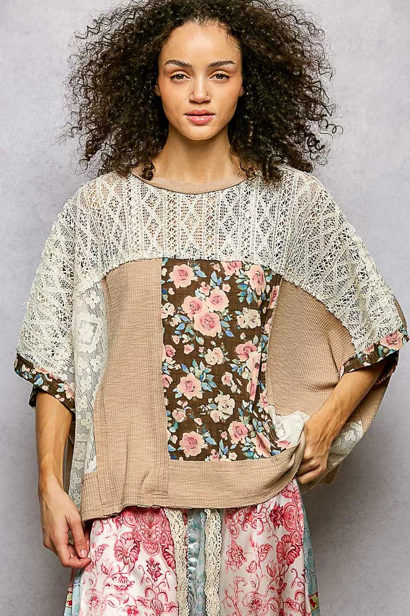 POL Dried Taupe Floral Patchwork Lace Accent Blouse DRIED TAUPE