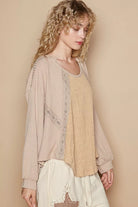POL Mocha Beige Round Neck Lace Detail Oversized Fit Top