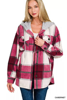 Zenana Cabernet Plaid Drawstring Hooded Fleece Shacket