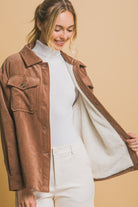 Love Tree Cocoa Corduroy Button Up Jacket with Sherpa Inside Trendsi