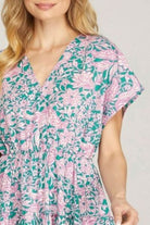She + Sky Turquoise Ruffled Hem Printed Surplice Kimono Sleeve Mini Dress Plus Size