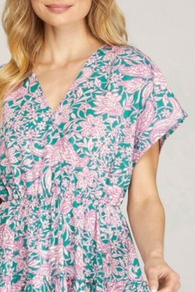 She + Sky Turquoise Ruffled Hem Printed Surplice Kimono Sleeve Mini Dress Plus Size
