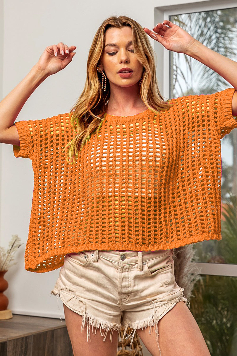 BiBi Orange Hollowed Out Short Sleeve Knit Cover Up Orange Trendsi