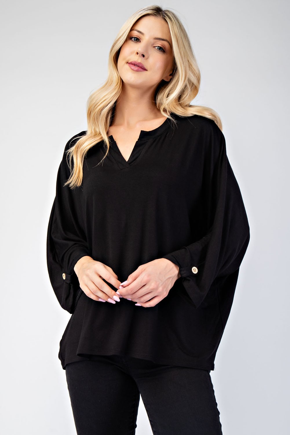 Celeste Black Notched Three-Quarter Sleeve Blouse